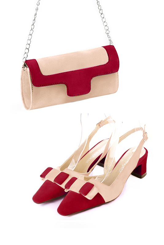 Powder pink and cardinal red women's dress clutch, for weddings, ceremonies, cocktails and parties. Worn view - Florence KOOIJMAN